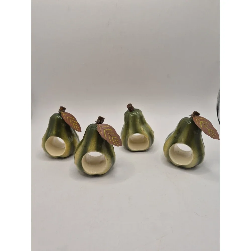 Set Of 4 Vtg Russ Pear Shaped Napkin Rings Holders Hand-painted Ceramic Fruit